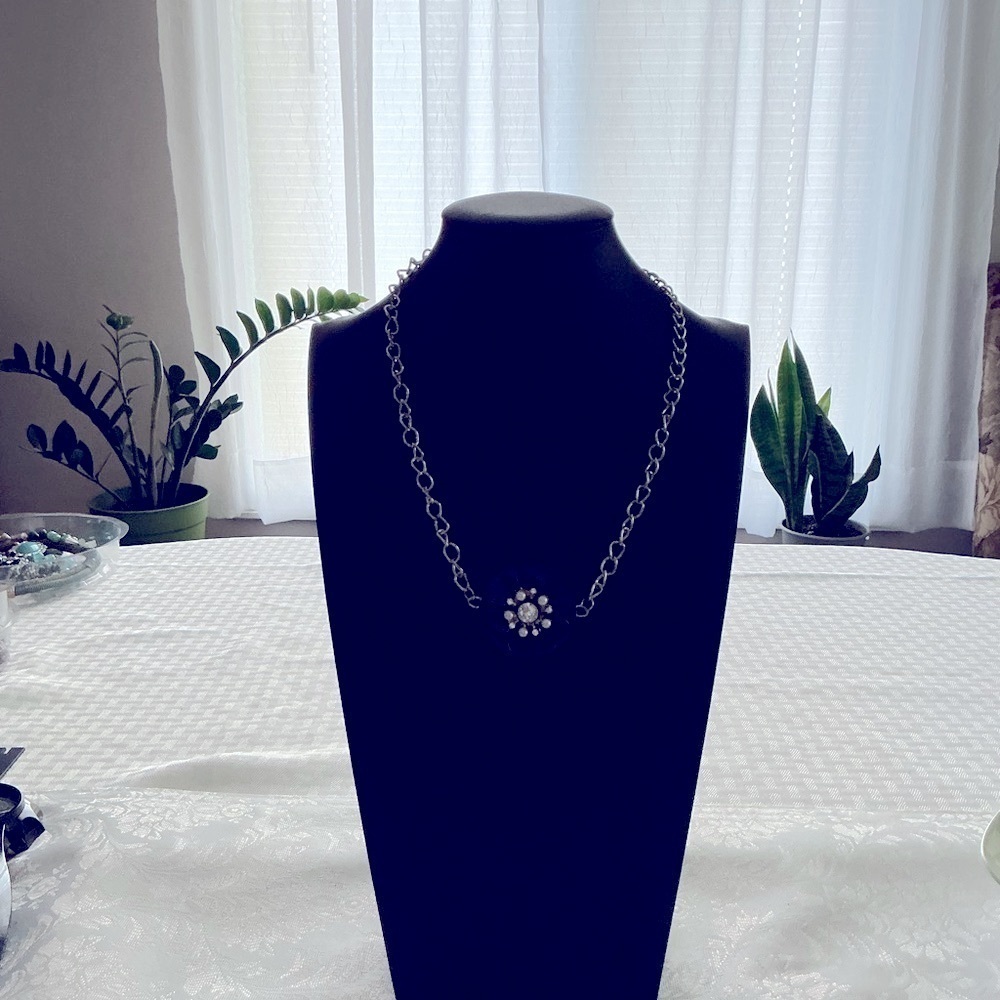 Purple Enamel Flower Silver Tone Pendant Necklace
